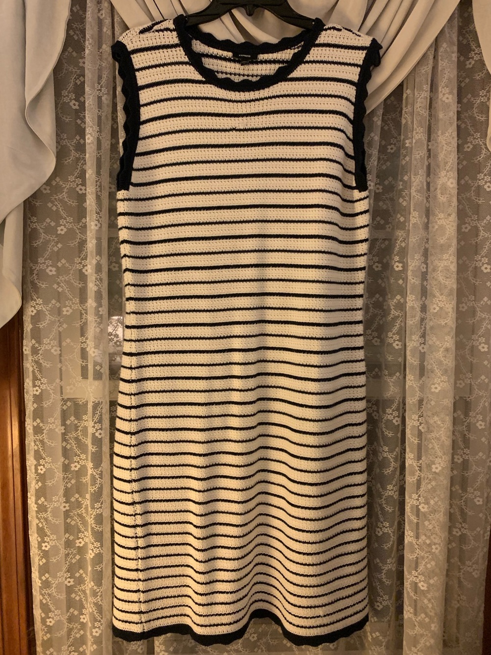 Express Navy Blue & White Sleeveless Striped Knit Dress